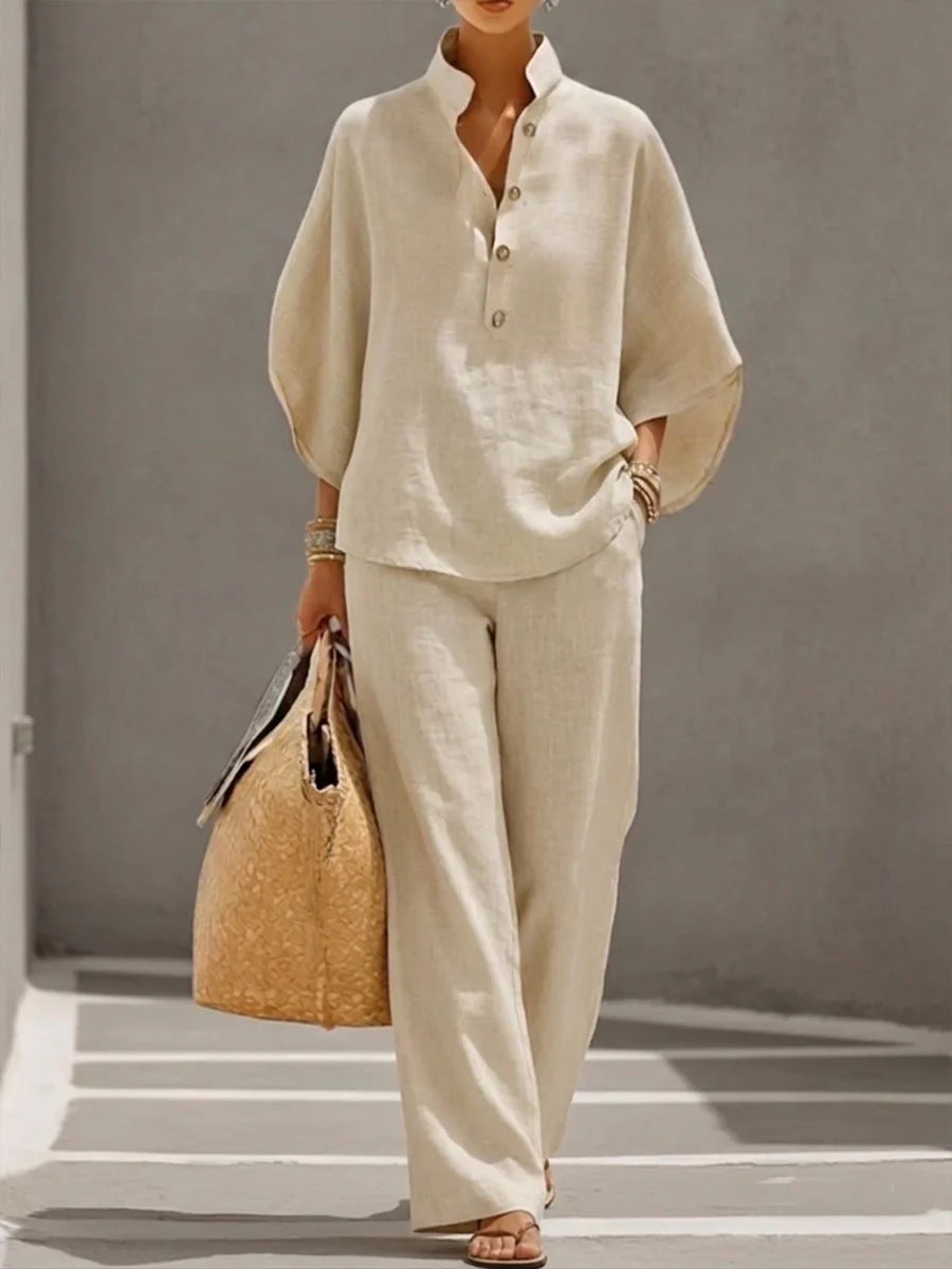Women's Short Sleeve Top & Straight-Leg Trousers Two-Piece Suit – Casual Linen-Look Co-Ord Set