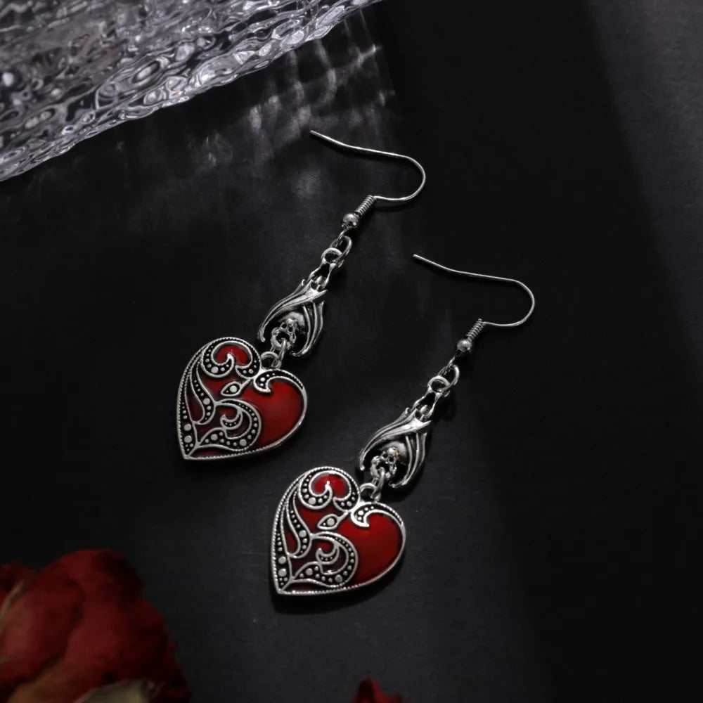 Boucles d'oreilles pendantes Cœur de chauve-souris Rouge Vin Rétro pour Femmes Fête d'Halloween Bijoux Punk Gothique Sombre Accessoires Cadeau