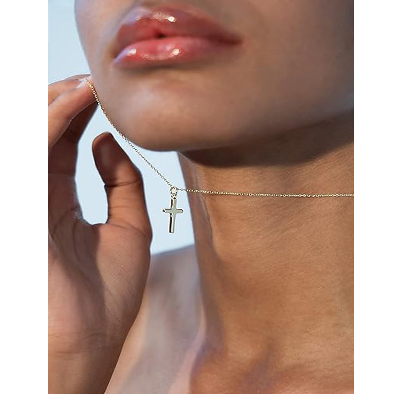 14K gold plated small cross pendant necklace for women on 18-inch chain, dainty nickel-free brass layering jewelry – AdriaPulse"