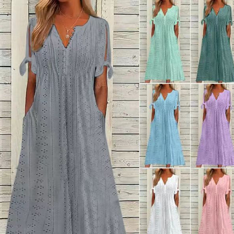 Women's Eyelet V-Neck Maxi Dress Short Sleeve Flowy A-Line Summer Beach Dress Color A Front View – AdriaPulse