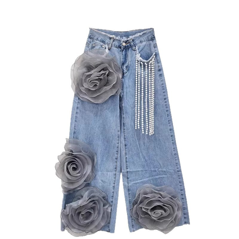 Women's High Waist Denim Jeans with 3D Flower Bead Chain Detail in Blue – AdriaPulse