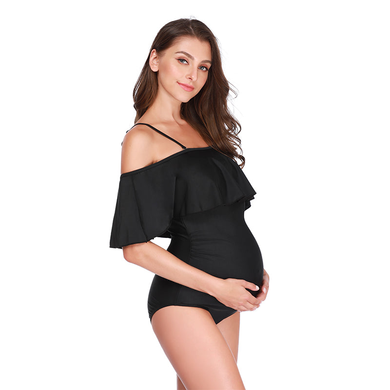 Off-Shoulder Ruffle Plus Size Maternity Swimwear | Women's Solid Swimsuit – S to 5XL