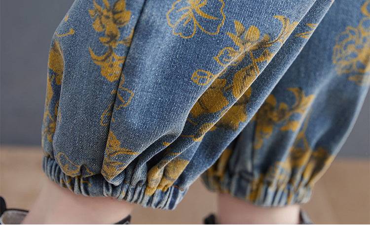Women's High Waist Washed Denim Suspender Overalls – Printed Jean Jumpsuit