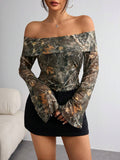 Women's Mesh Printed Off-Shoulder Long Sleeve Fitted Top Olive – AdriaPulse