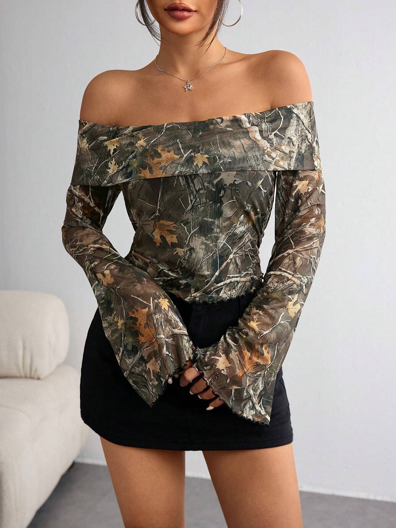 Women's Mesh Printed Off-Shoulder Long Sleeve Fitted Top Olive – AdriaPulse