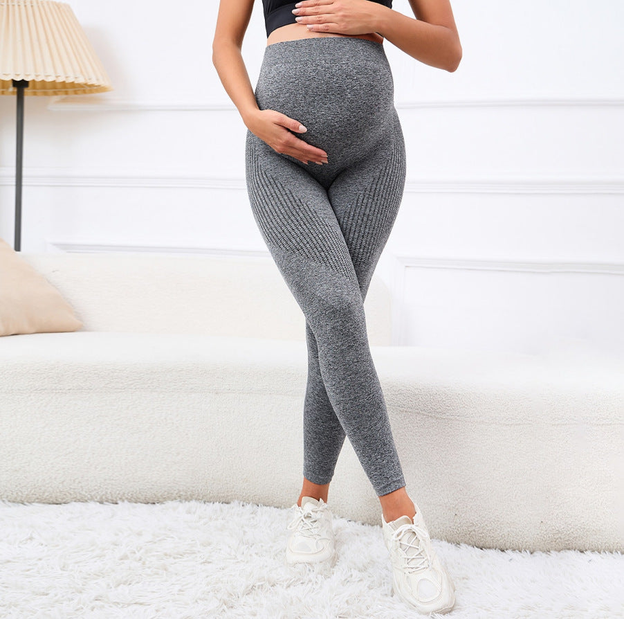 Women's pregnancy yoga pants in gray blue with high-waist belly support panel — maternity leggings for prenatal yoga and everyday comfort