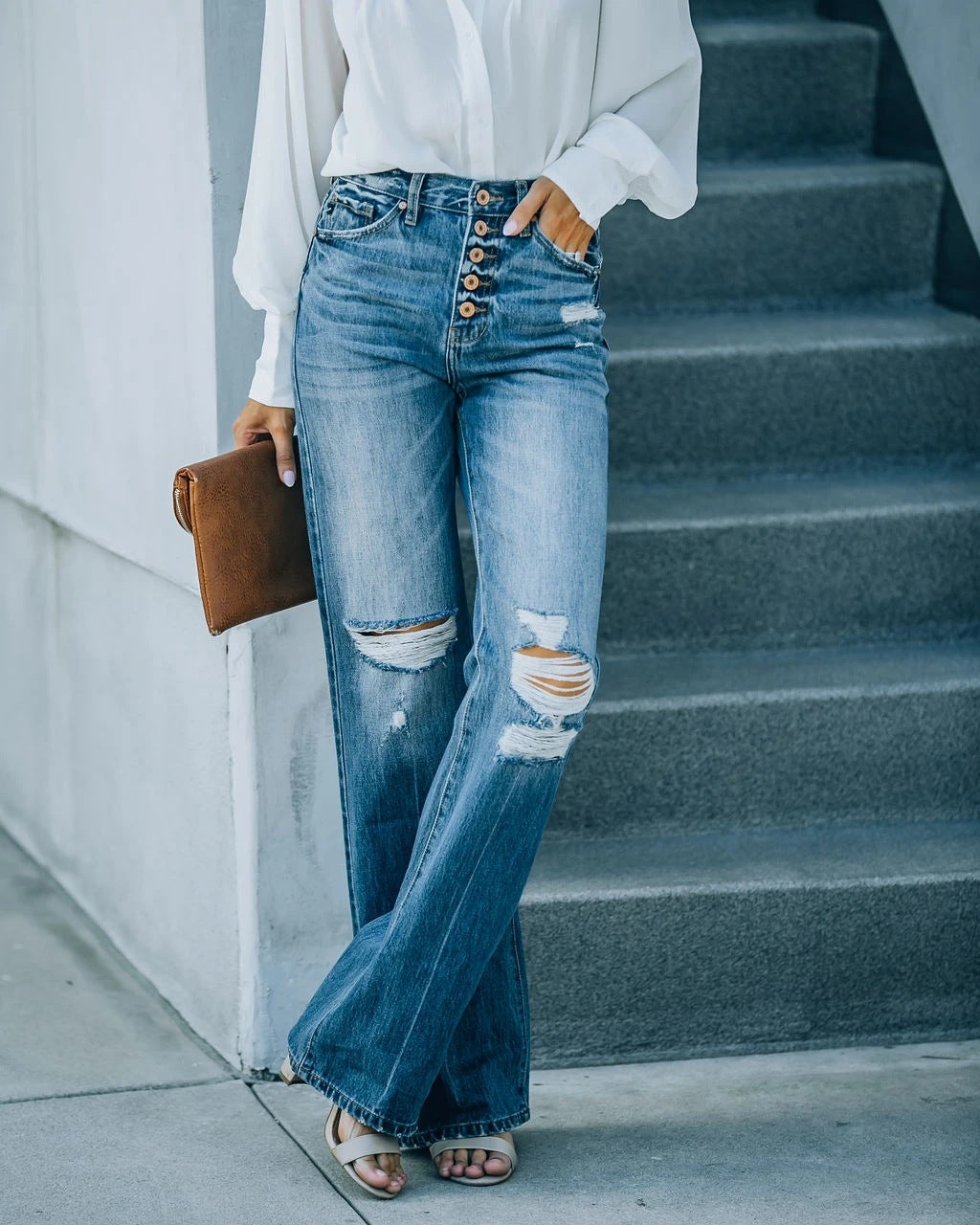 Street Trendsetter Washes Broken Hole Single Breasted Jeans Wide Leg Pants