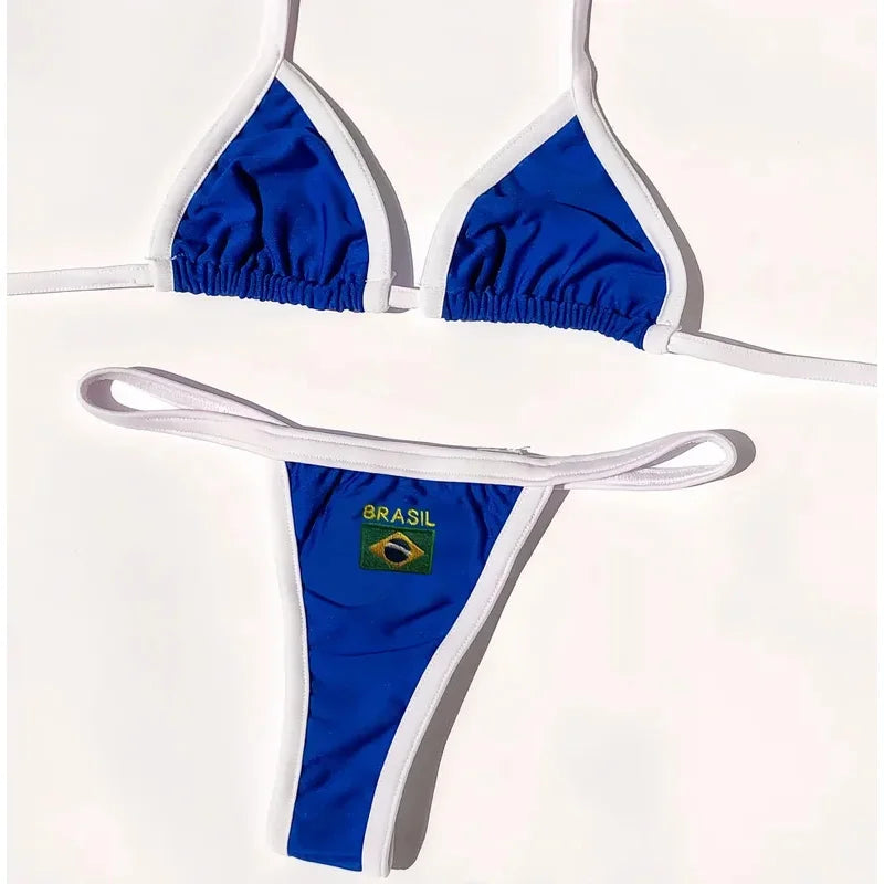 Women's Brasil Flag Embroidery Bikini Set – Patchwork Contrast Swimwear