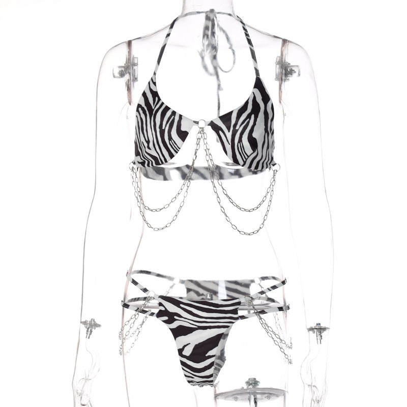 "Printed Tether Chain Bikini Swimsuit Set Leopard Print – AdriaPulse"