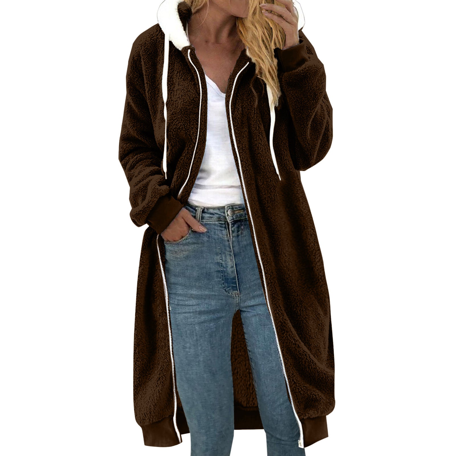 Manteau à capuche en peluche double face mi-long épais pour femme