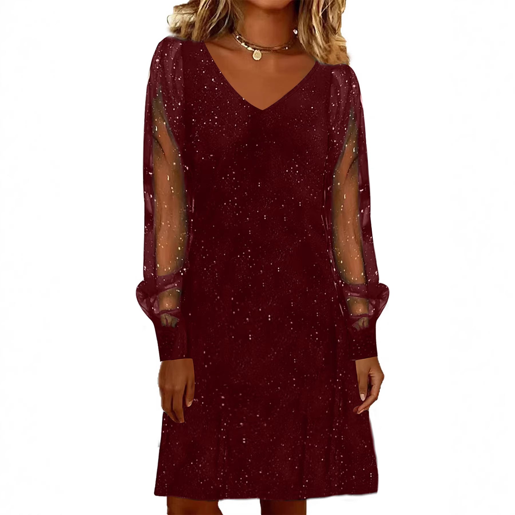 V-Neck Mesh Sleeve Mini Dress | Women's Shiny Party Dress – Autumn Winter Evening