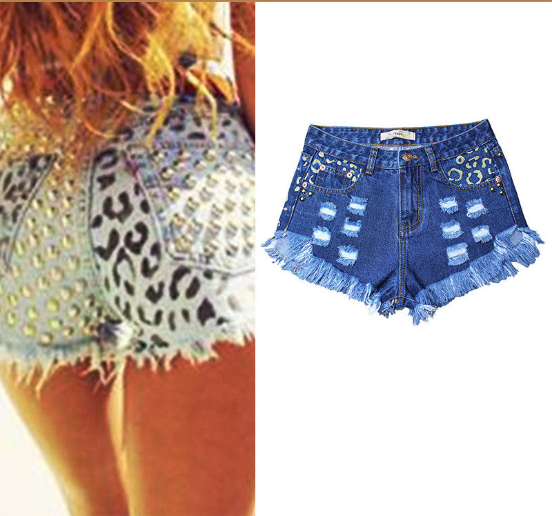 Women's Ripped Loose High Waist Rivet Denim Shorts – Wide Leg Dark Blue | S–3XL