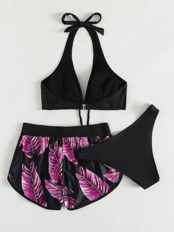 Women's 3-Piece Leaf Print Bikini Set with Shorts – Polyester Spandex, S–XL