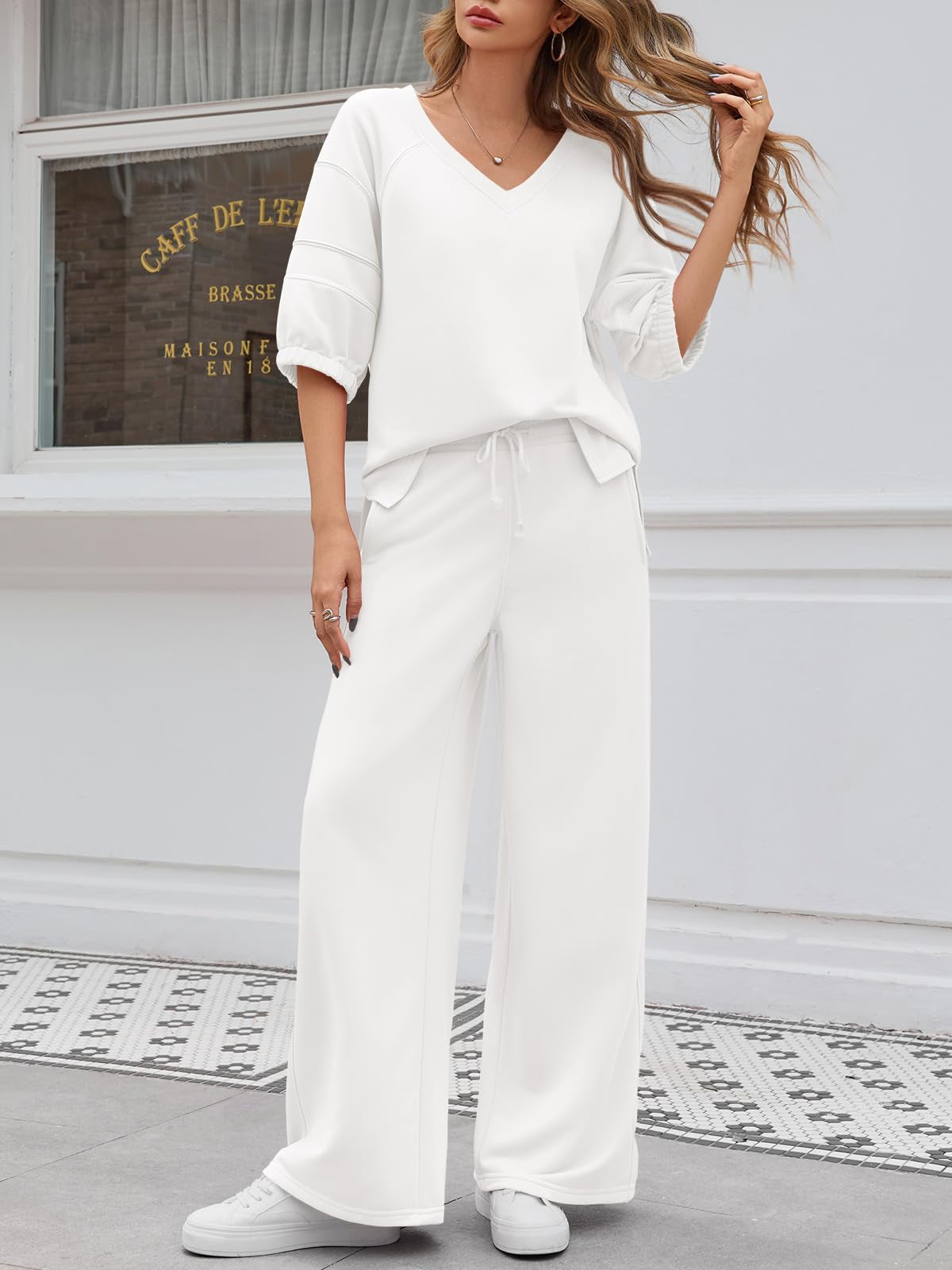 Women's 2-Piece V-Neck Shirt & Wide Leg Pants Tracksuit Set – Black – Front View | AdriaPulse