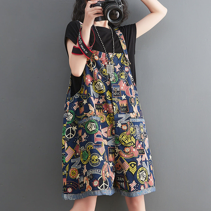 Women's printed denim bib overalls shorts with suspender straps in blue, urban casual summer style – AdriaPulse"