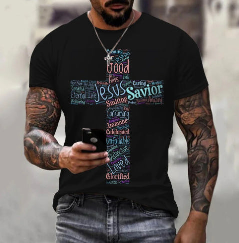 Retro Cross Print T-Shirt | Loose Fit Round Neck Tee – Men