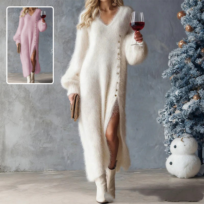 Schickes Strick-Maxikleid mit Schlitz und Fleece – V-Ausschnitt, Knopfdesign
