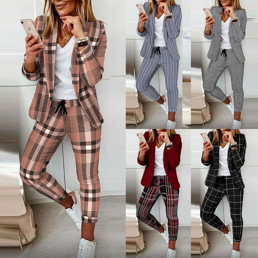 Ensemble Blazer et Pantalon Décontracté Imprimé Multicolore pour le Travail