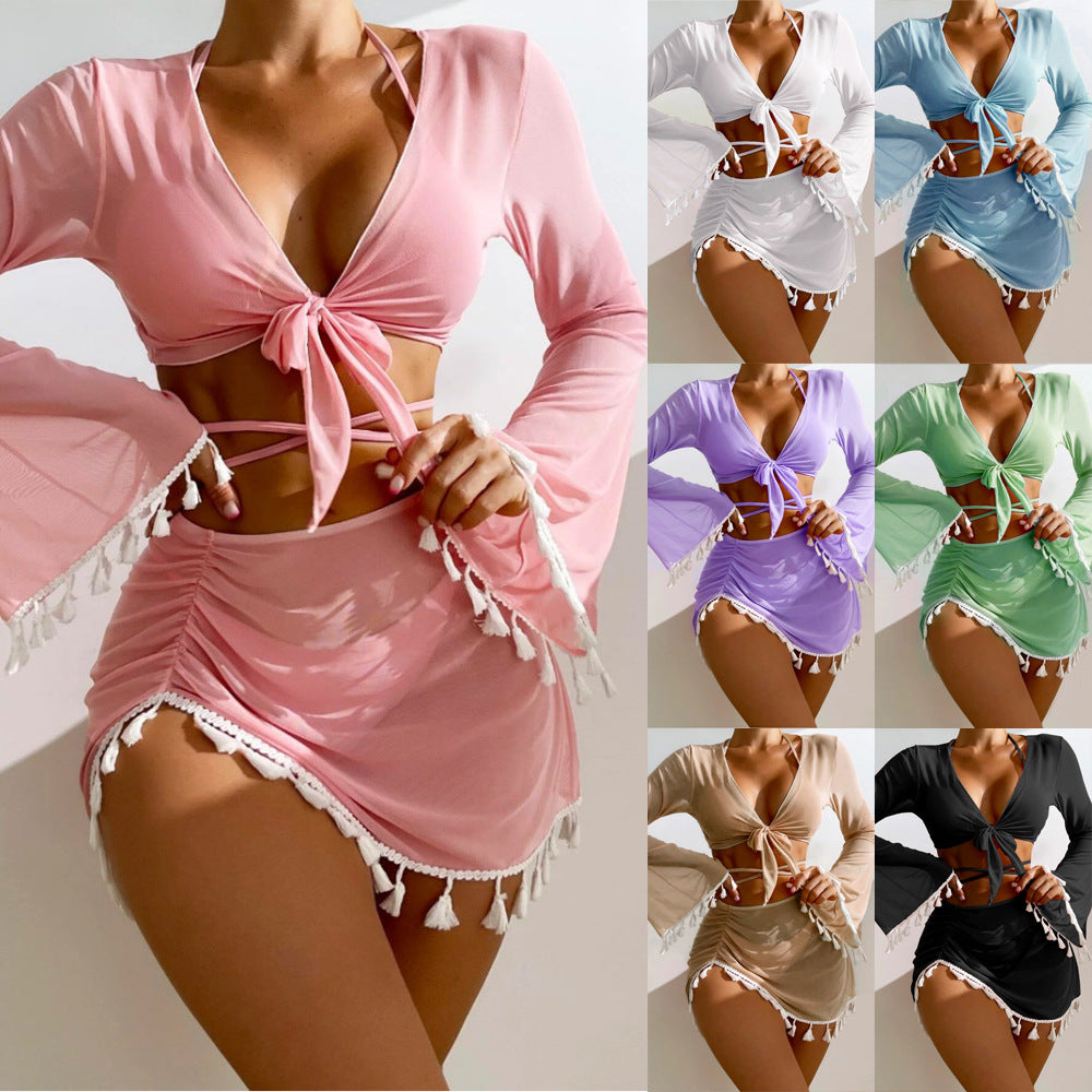 Women's 4-Piece Bikini Set with Cover-Up, Skirt & Bow Tie | AdriaPulse