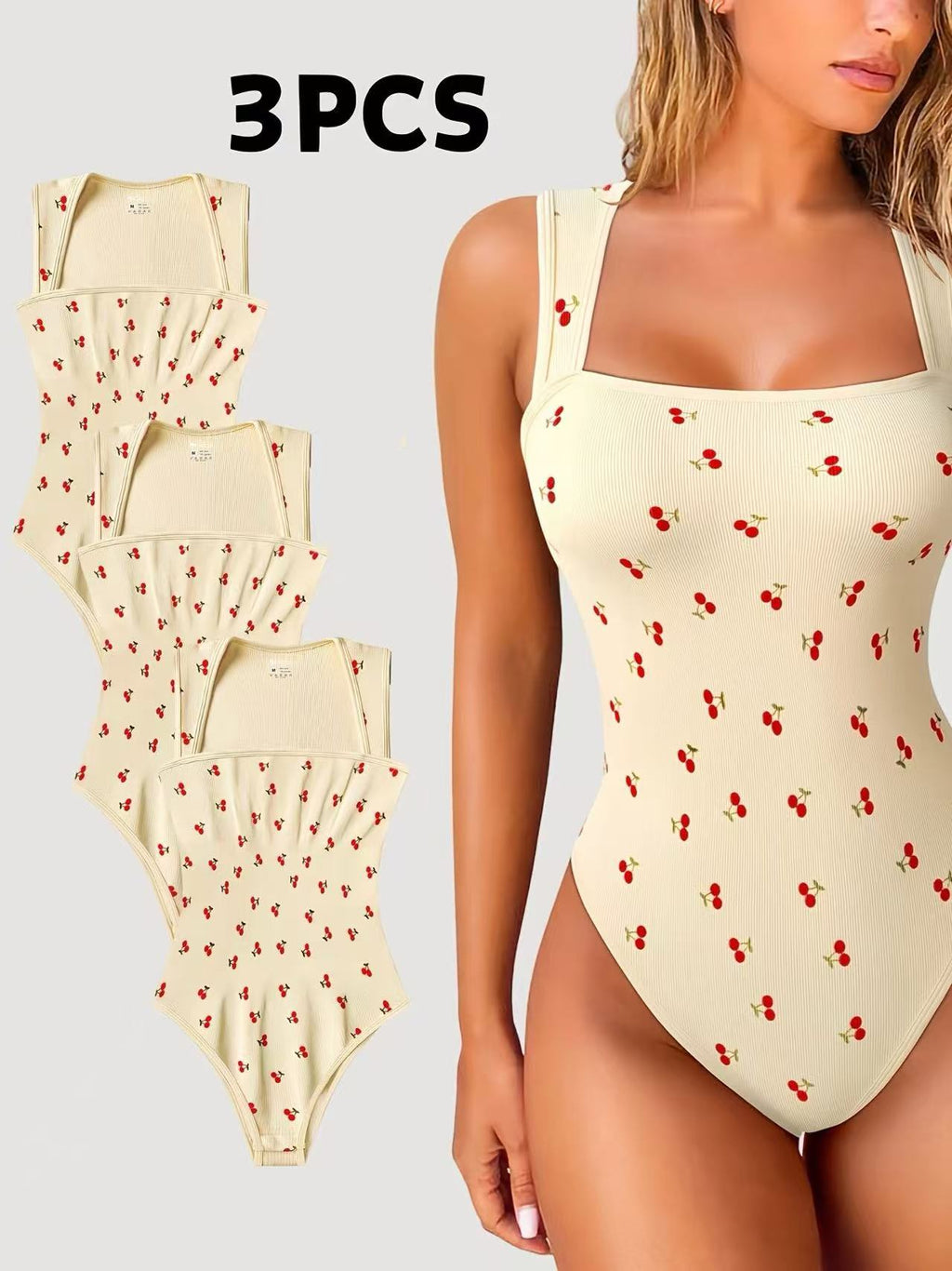 Lot de 3 nouvelles combinaisons d'été pour femmes, imprimé cerises bleu bébé, style vintage chic