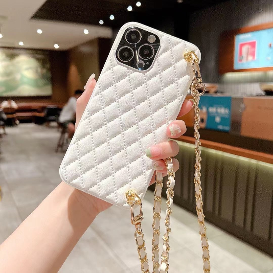 Diamond Plaid Crossbody iPhone Case – Faux Leather Wallet Case with Chain Strap