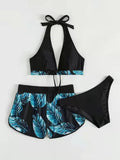 Ensemble bikini 3 pièces imprimé feuilles pour femme avec short – Polyester Spandex, S–XL