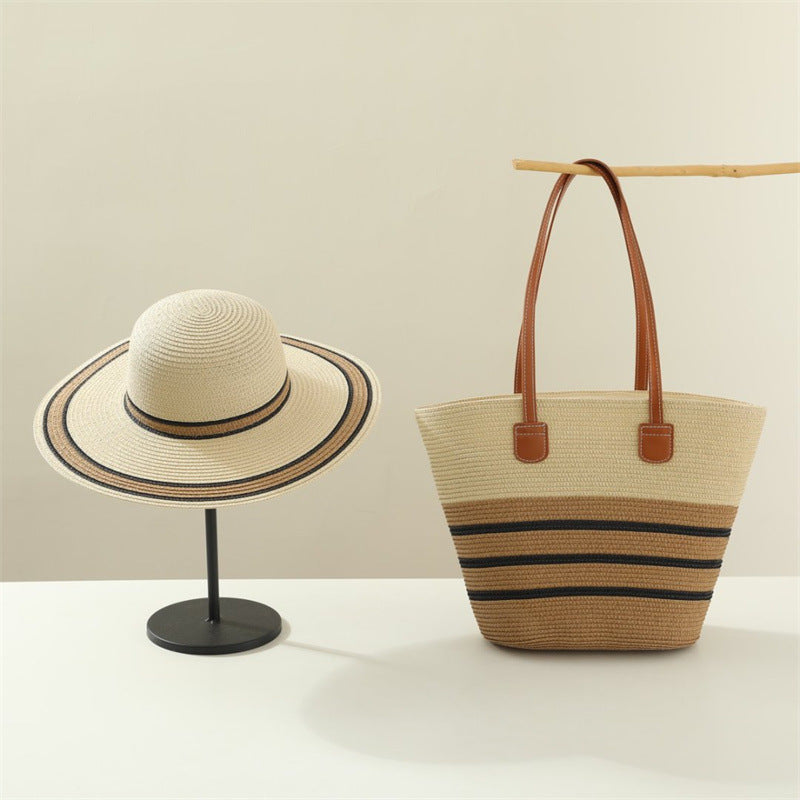 Women's Straw Beach Sun Hat & Shoulder Bag Set – Hand-Woven Boho Summer Accessory