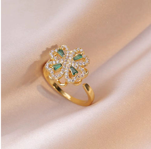 Four-Leaf Clover Rotating Copper Ring – Gold-Plated Adjustable Index Finger Ring