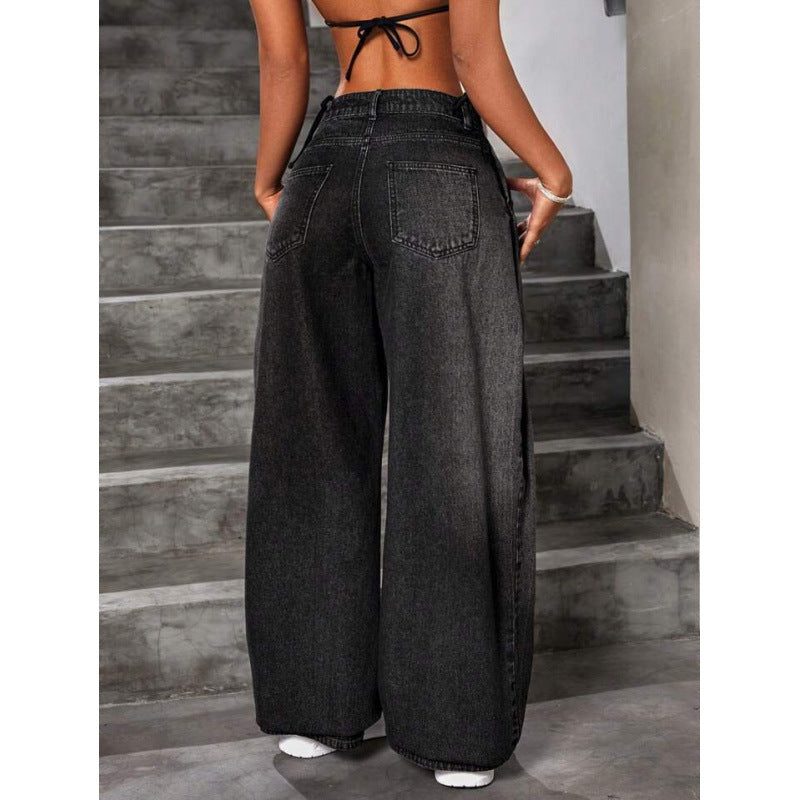 Damen Retro Capri-Jeans mit weitem Bein – Hoher Bund Locker geschnittener schwarzer Denim