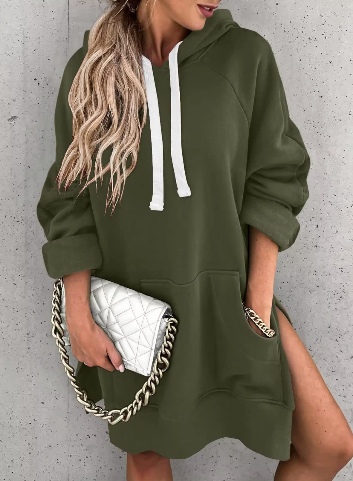 Damen Kapuzenpullover mit Taschen Mode Lässiger Split Mittellanger Pullover Kordelzug Oberteile