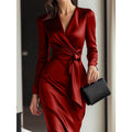 Women's Burgundy Satin Midi Dress V-Neck Long Sleeve Bodycon with Belted Waist Burgundy Front View – AdriaPulse