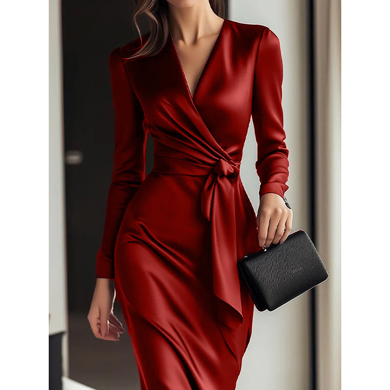 Women's Burgundy Satin Midi Dress V-Neck Long Sleeve Bodycon with Belted Waist Burgundy Front View – AdriaPulse