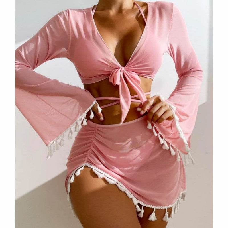 Women's 4-Piece Bikini Set with Cover-Up, Skirt & Bow Tie | AdriaPulse