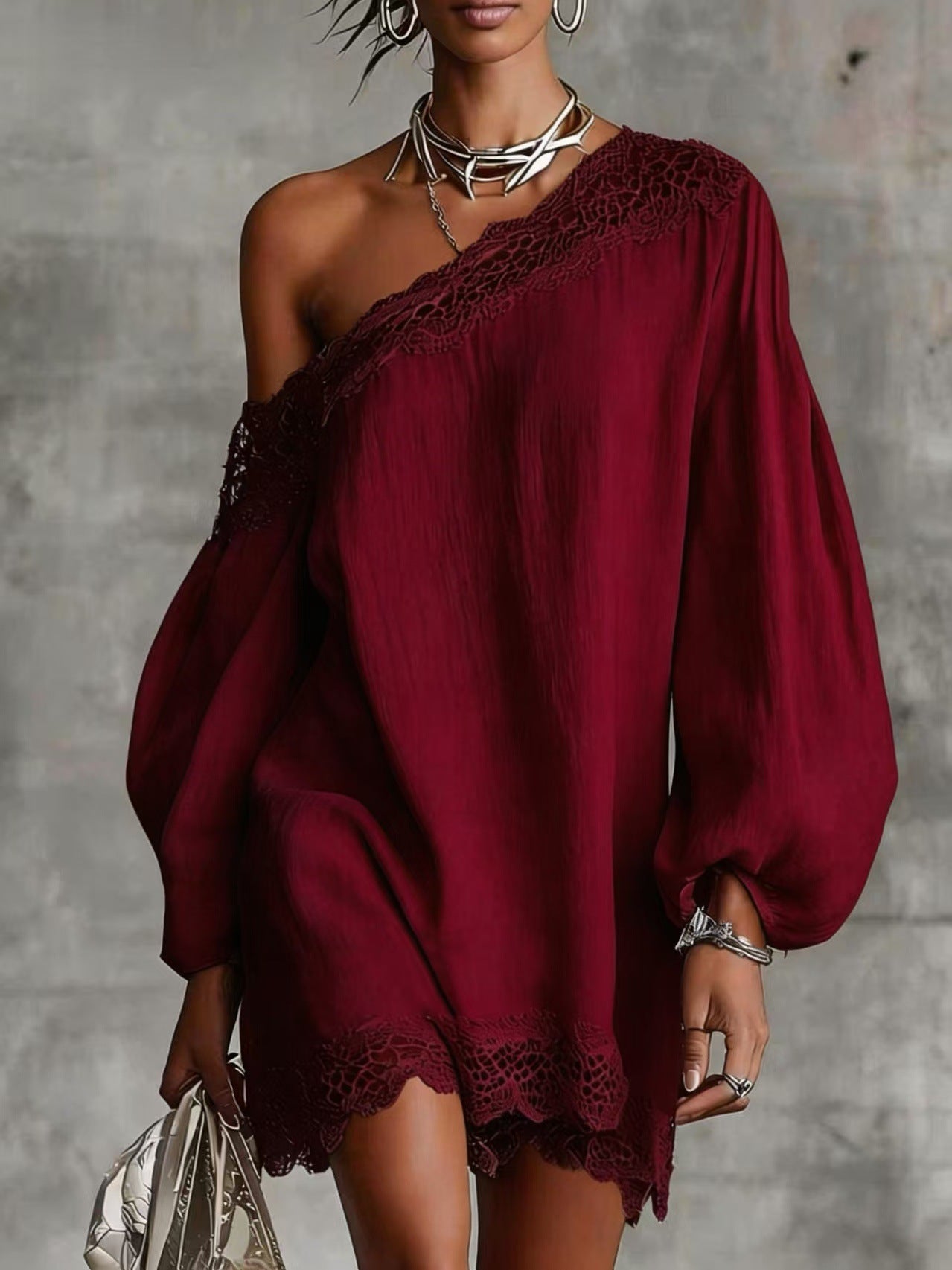 Women's Lace-Trim Off-Shoulder Long Sleeve Top – Loose Fit | AdriaPulse