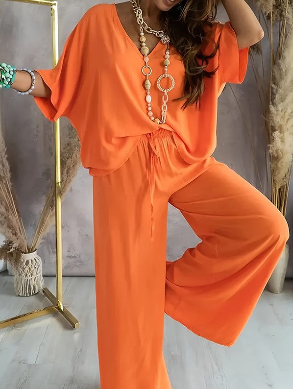 Damen 2-teiliges Outfit, lässiges einfarbiges V-Ausschnitt Halbarm-Top und weite Hose Lounge Set