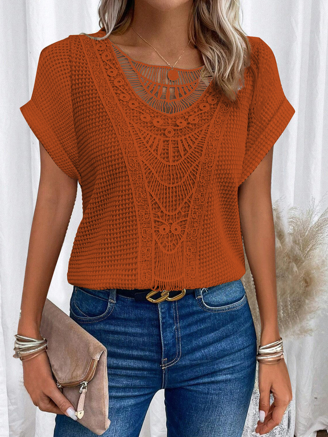 Women's Hollow Out Short Sleeve Top – Ethnic Style Summer Tee