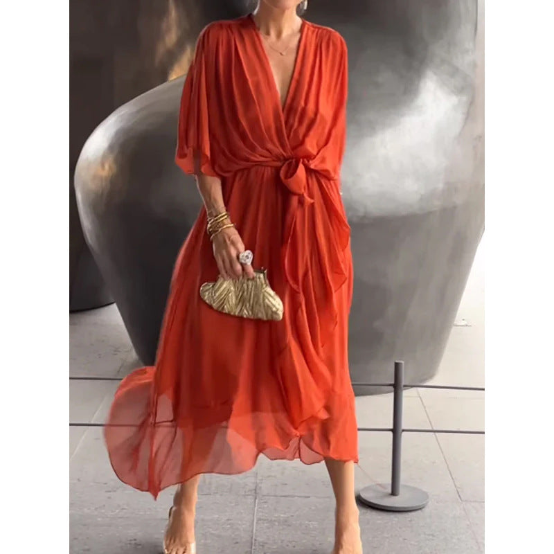 Batwing Sleeve V-Neck Midi Dress Flowy Tied Fairy Dress Women AdriaPulse
