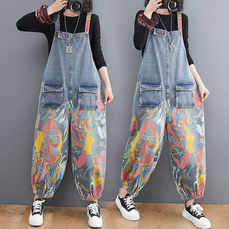 Women's distressed printed cotton denim suspender overalls in blue, vintage urban casual spring style – AdriaPulse"