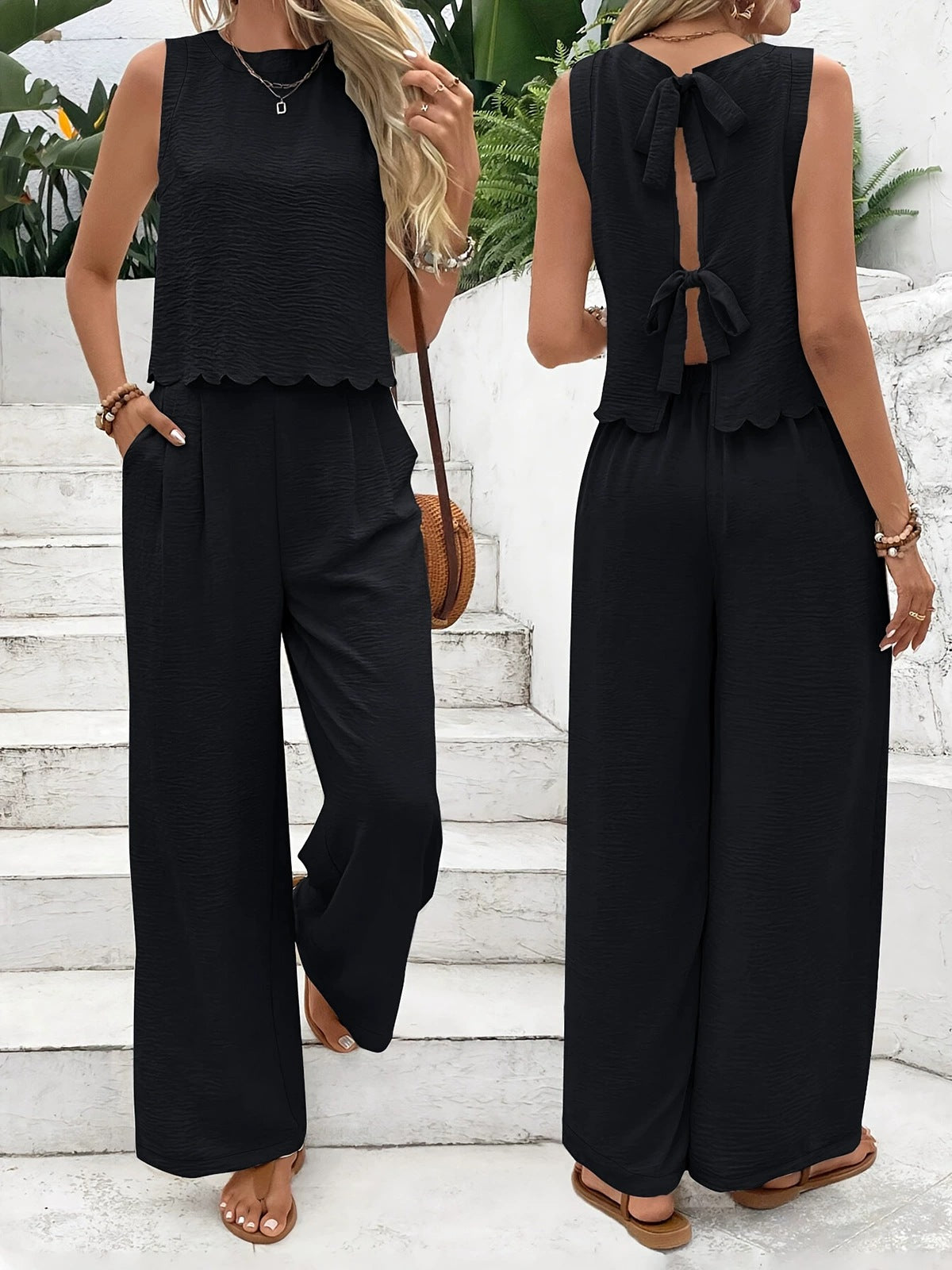 Women's Sleeveless Lace Trim Vest & Wide-Leg Trousers Set – Summer Co-ord