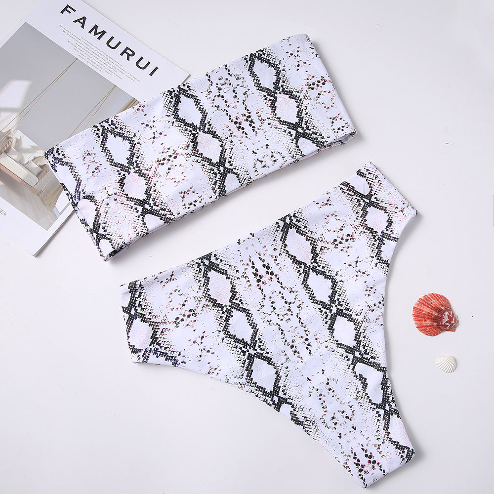 Bandeau-Bikini mit Schlangenprint
