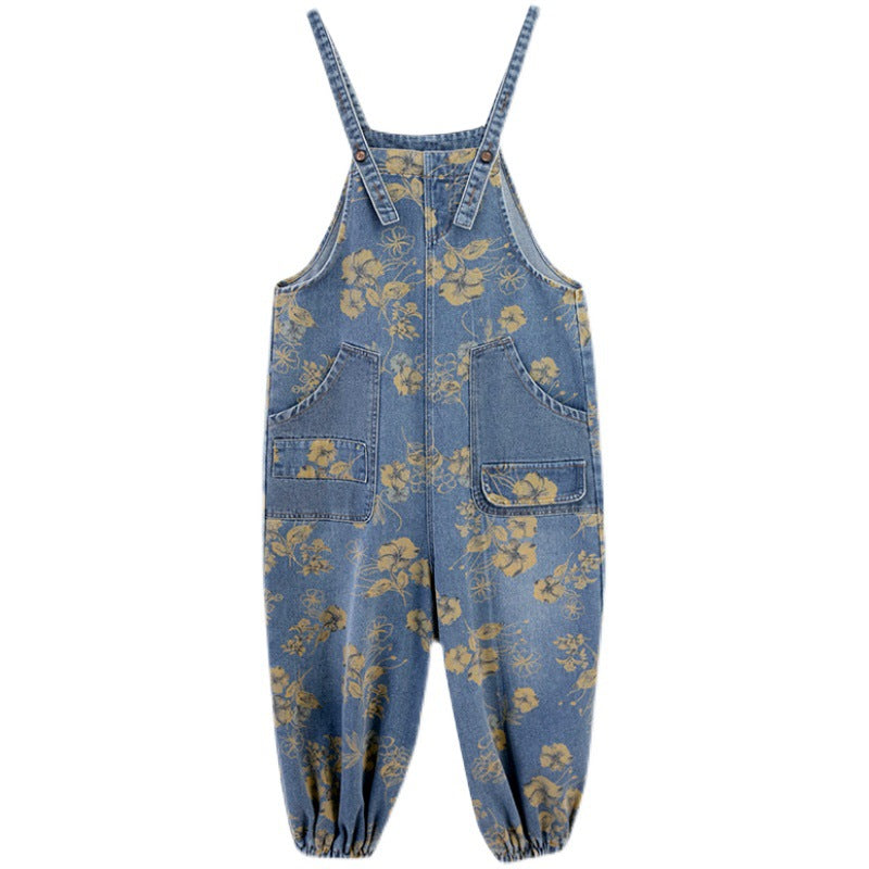 Women's High Waist Washed Denim Suspender Overalls – Printed Jean Jumpsuit
