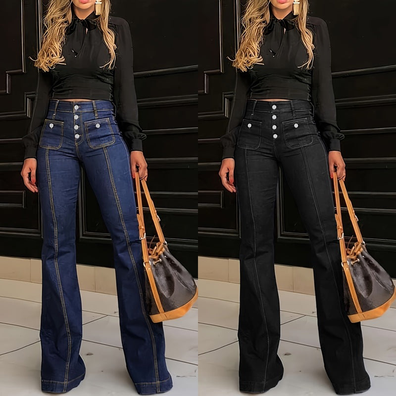  Women's Patchwork Flare Jeans Slim Fit Stretch Bootcut Dark Blue – AdriaPulse