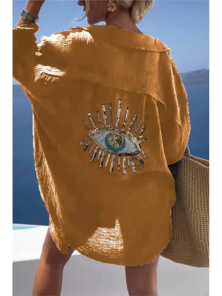Frühling Sommer Mode Pailletten Augen Hemdblusenkleider 2024 Damen Casual Strand Stil Loose Button Sonnenschutz Hemdkleid