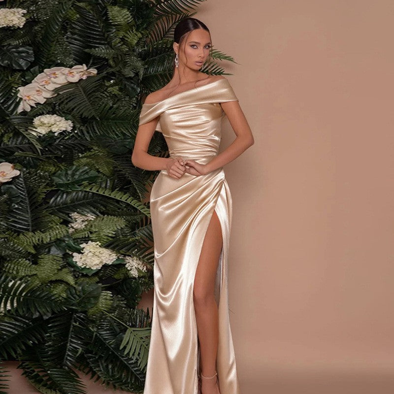 Elegant Off Shoulder Pink Satin Slit Dress – Wedding & Party Formal Gown | AdriaPulse
