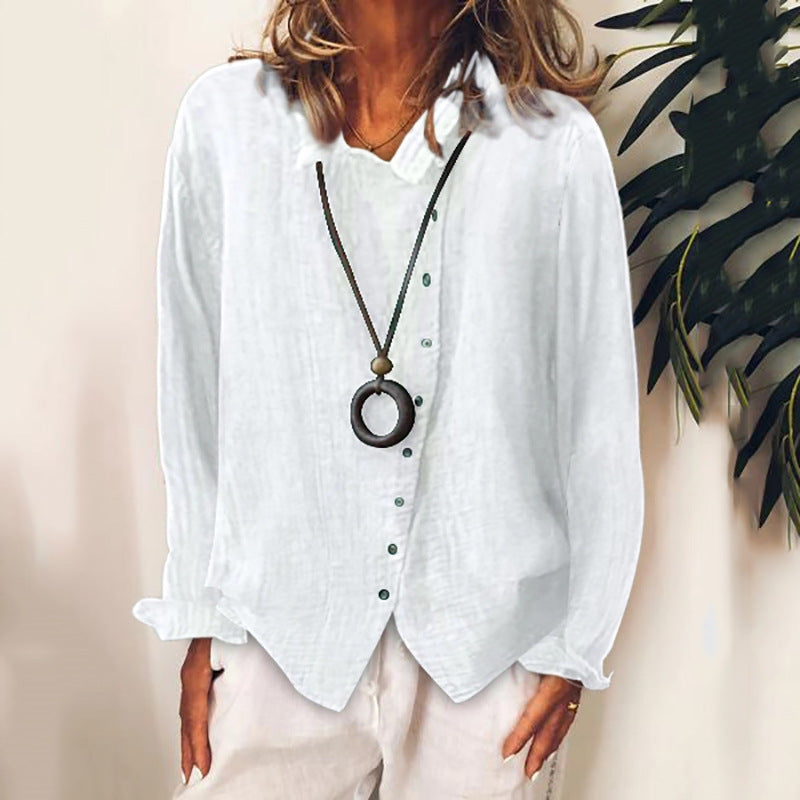 Women's Loose Cotton Linen Long Sleeve Shirt Solid Color – AdriaPulse