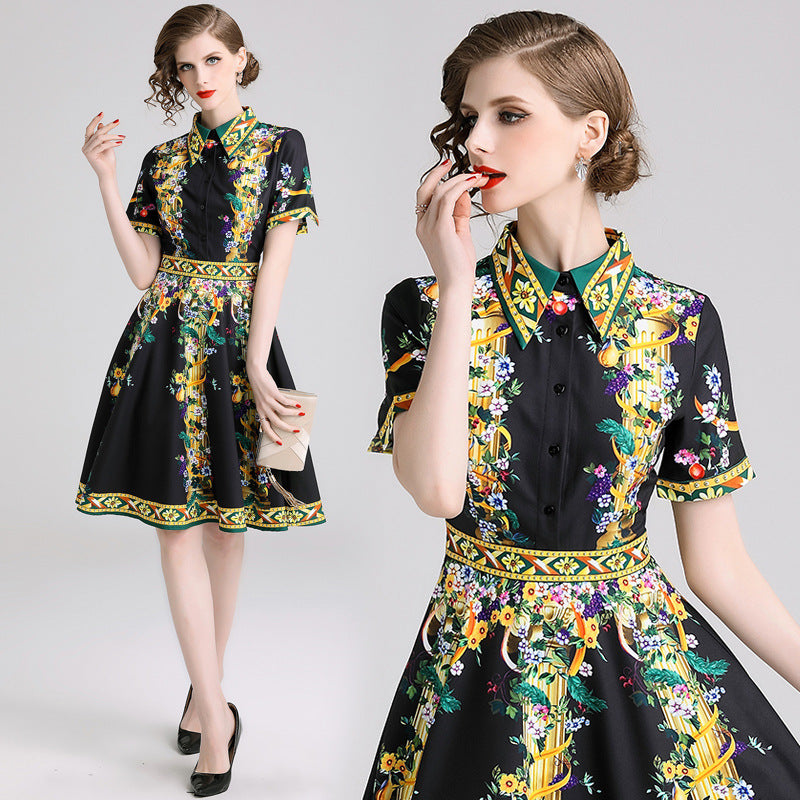 Damen A-Linien Midi-Kleid mit Blumenmuster – Kurzarm, Polokragen