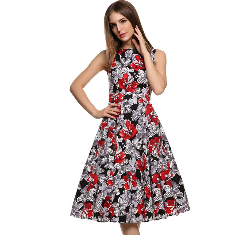 Robe midi sans manches imprimée floral pour femme – Mélange de coton, coupe princesse