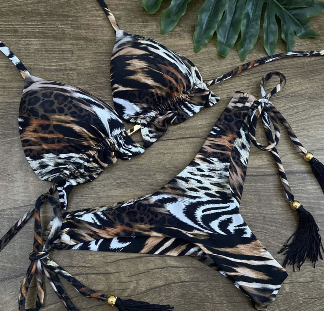 Skull Leopard Print Split Bikini – Women's Polyester Swimwear