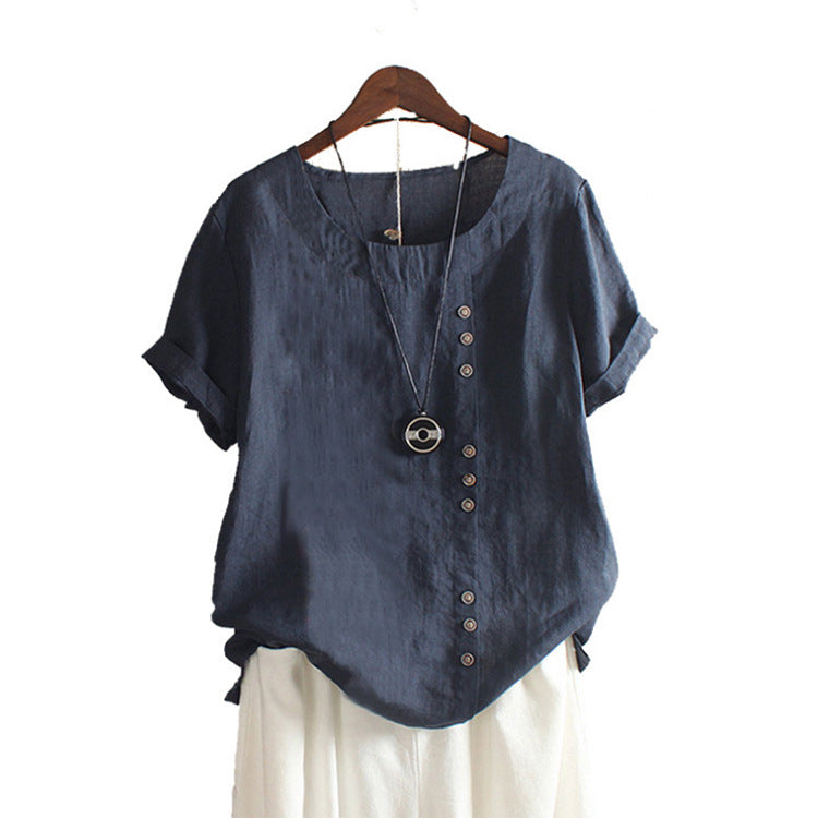Women's Cotton Linen Short Sleeve T-Shirt Casual Spliced – AdriaPulse"