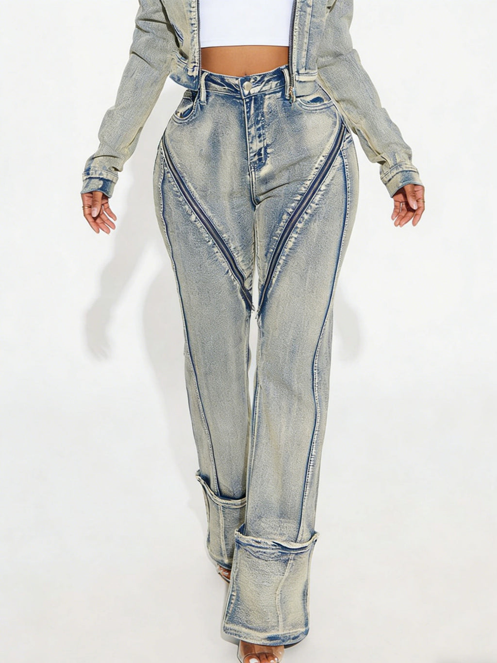 Pantalon en jean zippé délavé très élastique pour femme